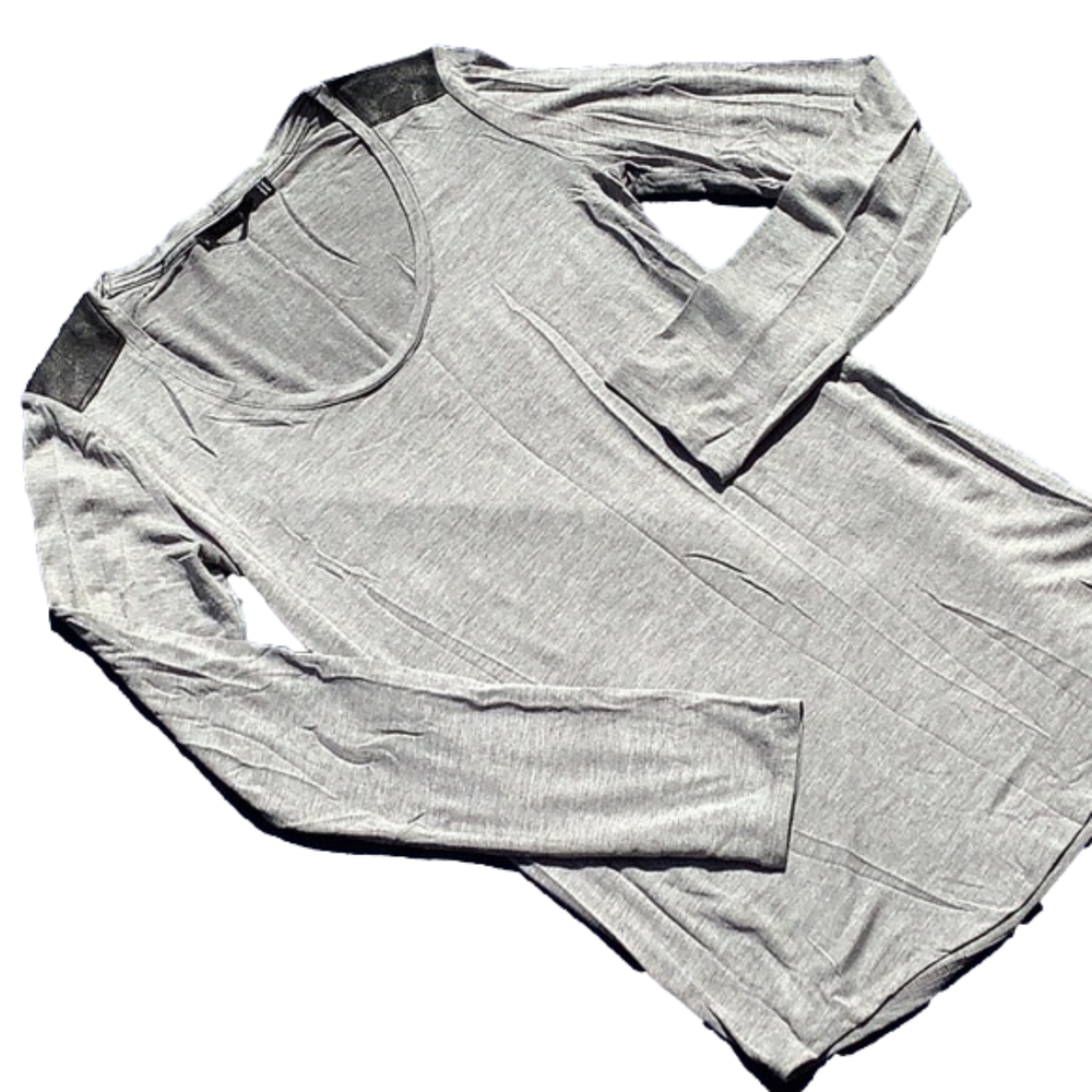 Twenty Long sleeve Grey T-shirt top with Leather accent. Womanβs Sz S